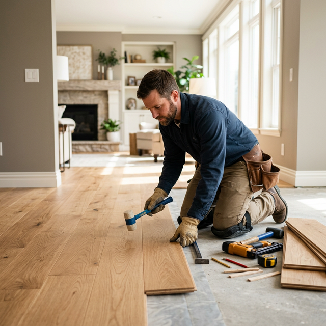 Professional renovator installing hardwood flooring in a Toronto home